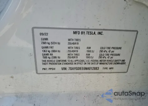 2022 Tesla Model Y z USA, uszkodzony, nr VIN 7SAYGDEE6NA012883